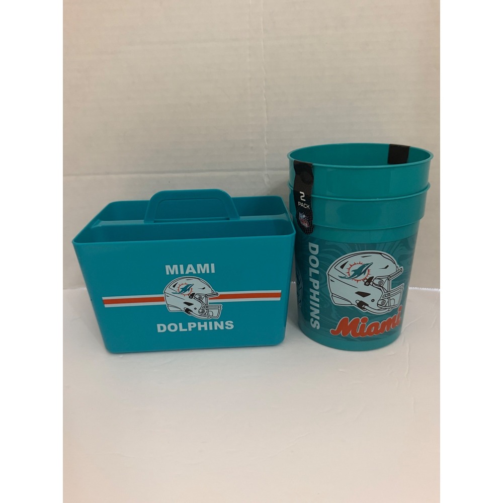 NFL Miami Dolphins Plastic Caddy and 2-Pack Souvenir Cups Set Aqua Fan‎ Gear